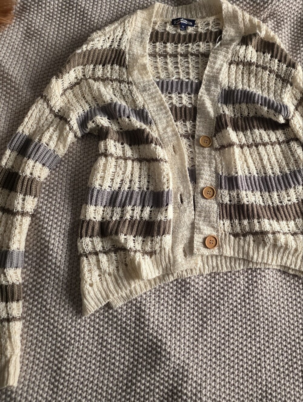 Freshman Cream, Brown & Gray Striped Open-Knit Cardigan